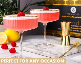 Set of 4 Gold Rim Ribbed Coupe Martini Glasses: Vintage Cocktail Barware with Jigger & Spoon