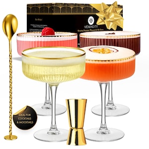 Ribbed Coupe Glasses Set of 4 with Gold Rims, Bar Spoon & Jigger | 10oz Coupe Cocktail Glass | Vintage Champagne Coup Glasses