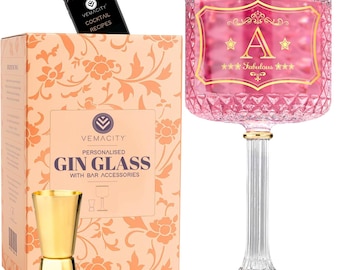 Personalized Gold Rim Gin Glass with Jigger: Initial Cocktail Gift Set
