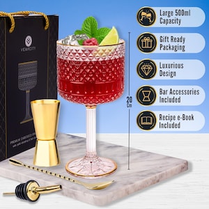 Luxury Gin Glasses 2 x Embossed Cocktail Glasses with Gold Detailing Gold Bar Spoon, Double Spirit Measure & Spirit Pourer image 3