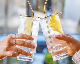 Stunning Ripple Crystal Highball Glasses- 2 Handmade Gin/Cocktail/Water Glasses + Cocktail Accessories | 2 Metal Straws, Bar Spoon & Jigger