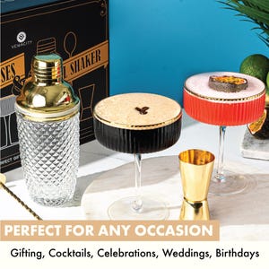 Luxury Glass Cocktail Shaker Set: Gold Bar Tools & Ribbed Martini Glasses