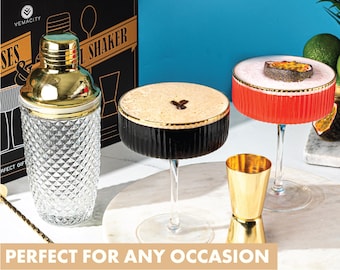 Luxury Glass Cocktail Shaker + Ribbed Martini Glasses Set: Gold Bar Tools & Cocktail Glasses