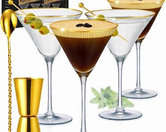 Set of 4 Ribbed Gold Rim Martini Glasses Set: Art Deco Cocktail Barware