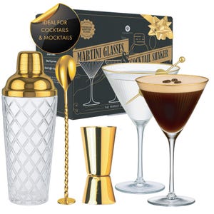 Gold Cocktail Shaker Set: Glass Shaker, Martini Glasses & Bar Tools