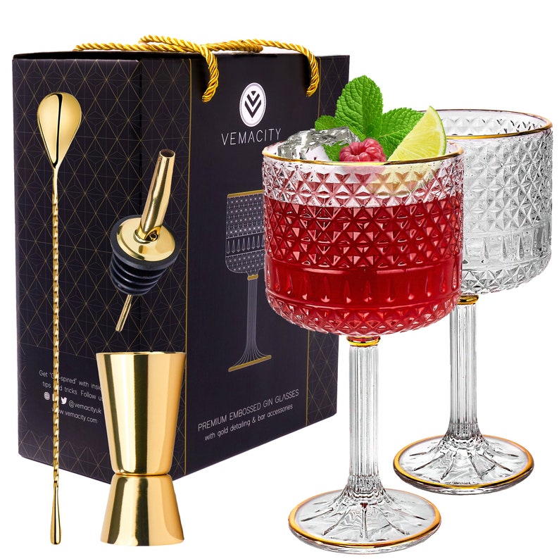 Luxury Gin Glasses 2 x Embossed Cocktail Glasses with Gold Detailing Gold Bar Spoon, Double Spirit Measure & Spirit Pourer image 8