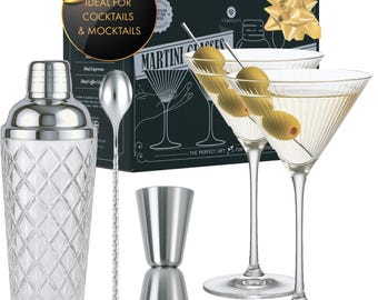 Set di shaker per cocktail in argento: shaker in vetro, bicchieri da Martini, utensili da bar