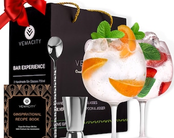 Set di bicchieri da gin in cristallo: calici a palloncino, cucchiaio da cocktail e misurino - Confezione regalo