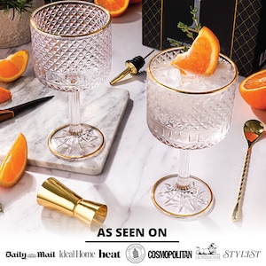 Gold Rim Gin Glass Set: Crystal Cocktail Glasses with Spoon & Measure