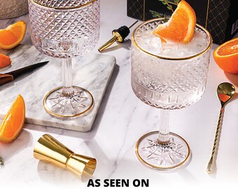 Gold Rim Gin Glass Set: Crystal Cocktail Glasses with Spoon & Measure