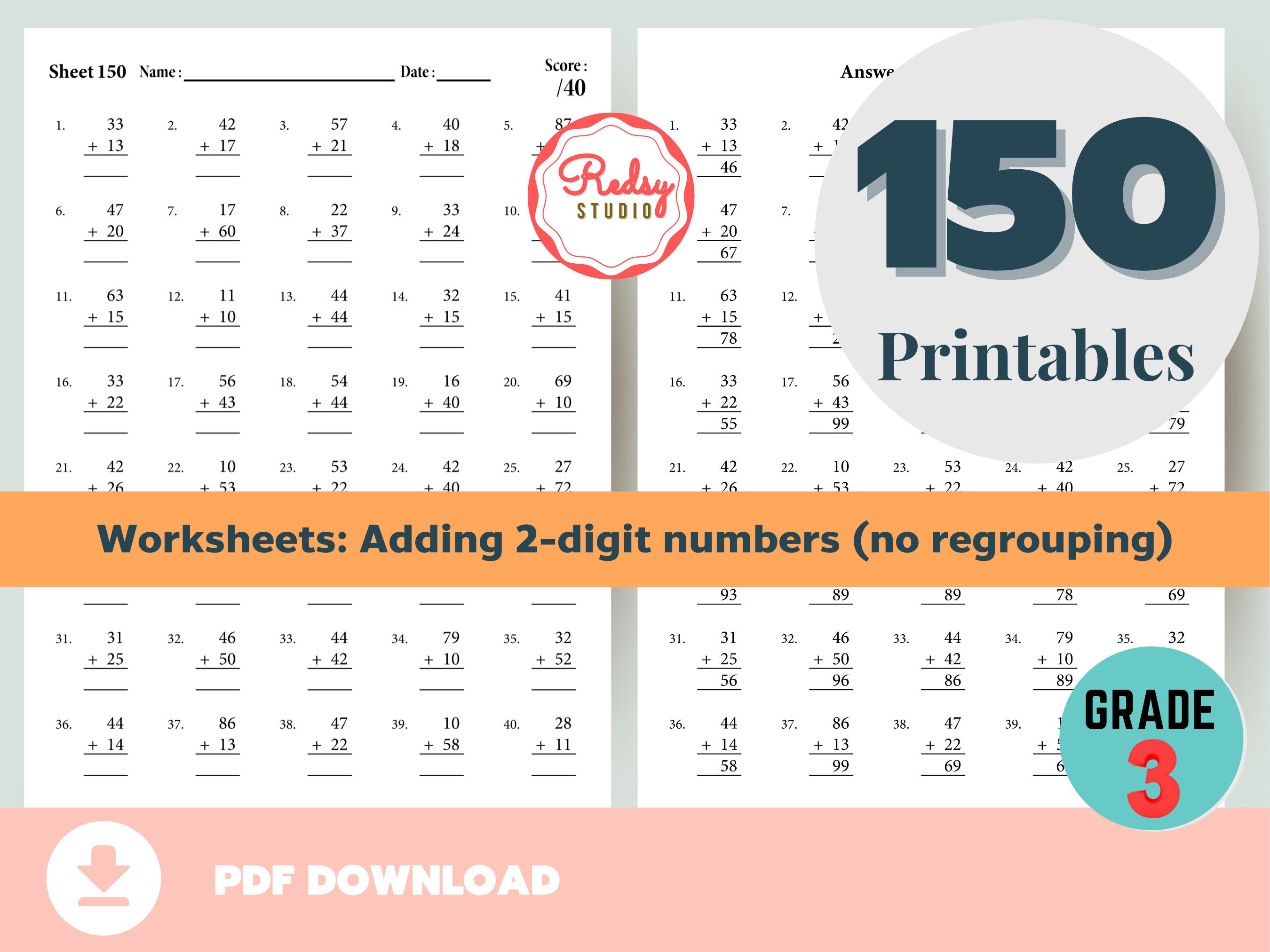 two digit addition worksheet 3rd grade 150 practice sheets etsy