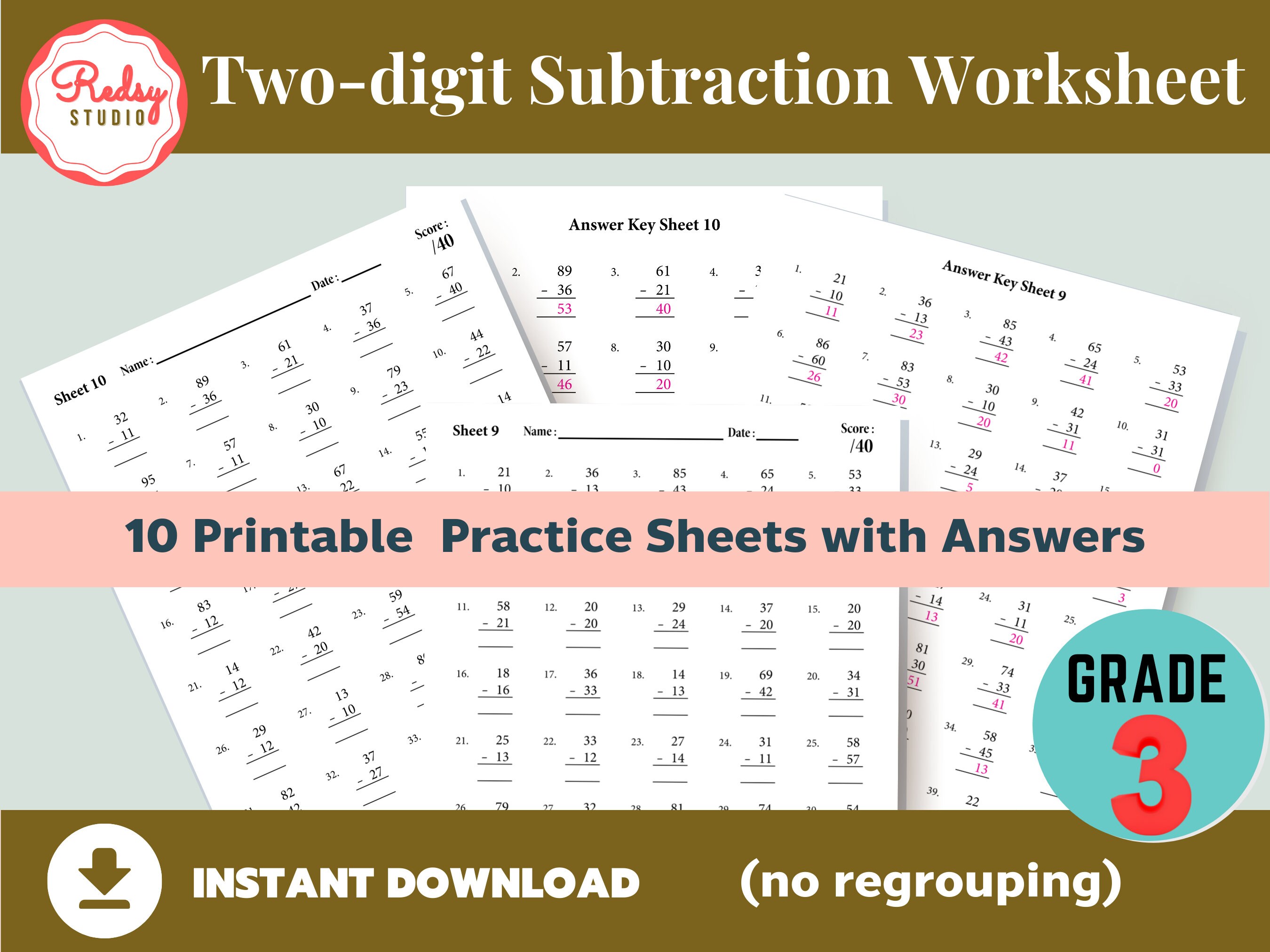 two digit subtract worksheet 3rd grade 10 practice sheets etsy