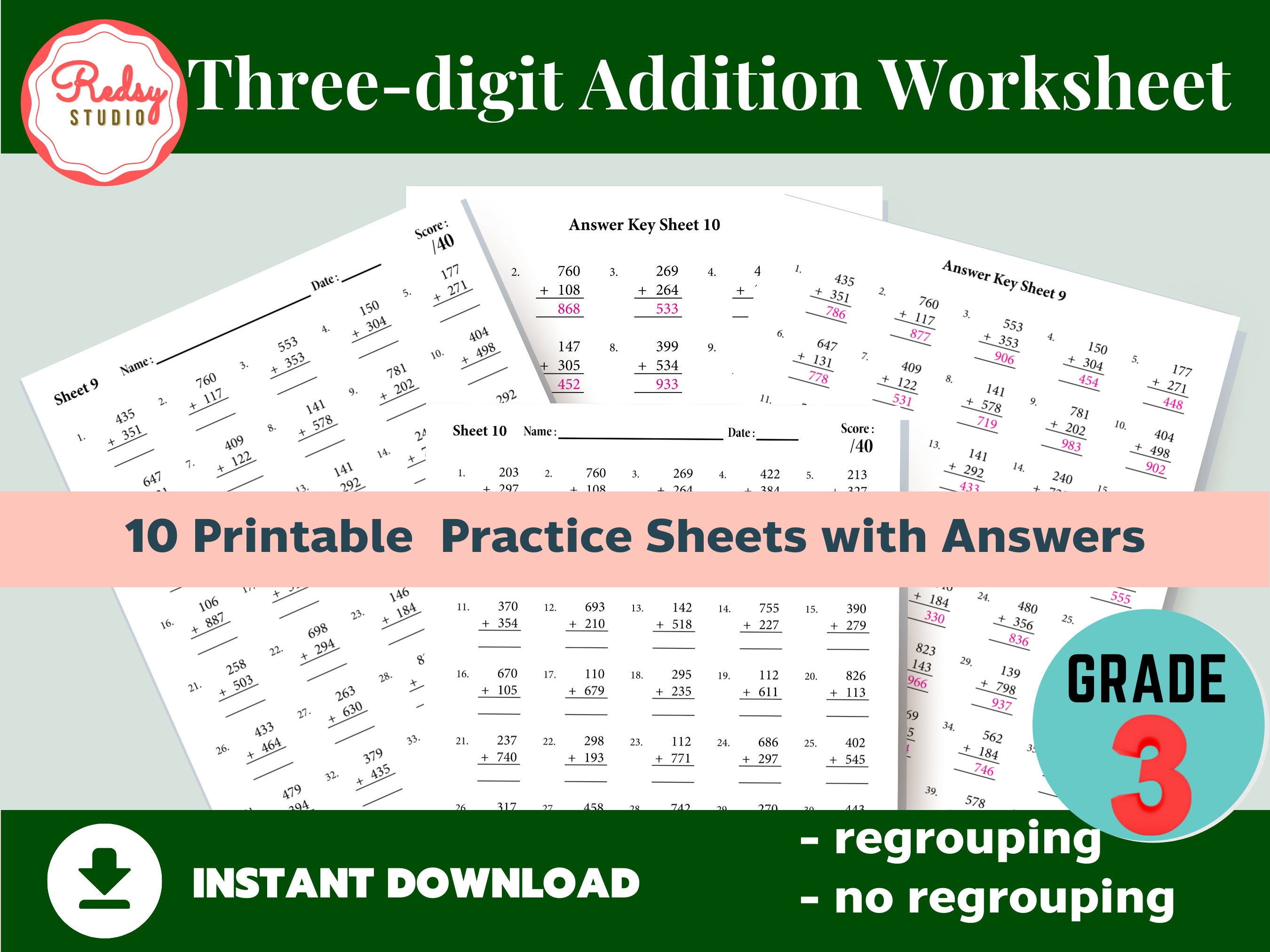 three digit addition worksheet 3rd grade 10 practice sheets etsy