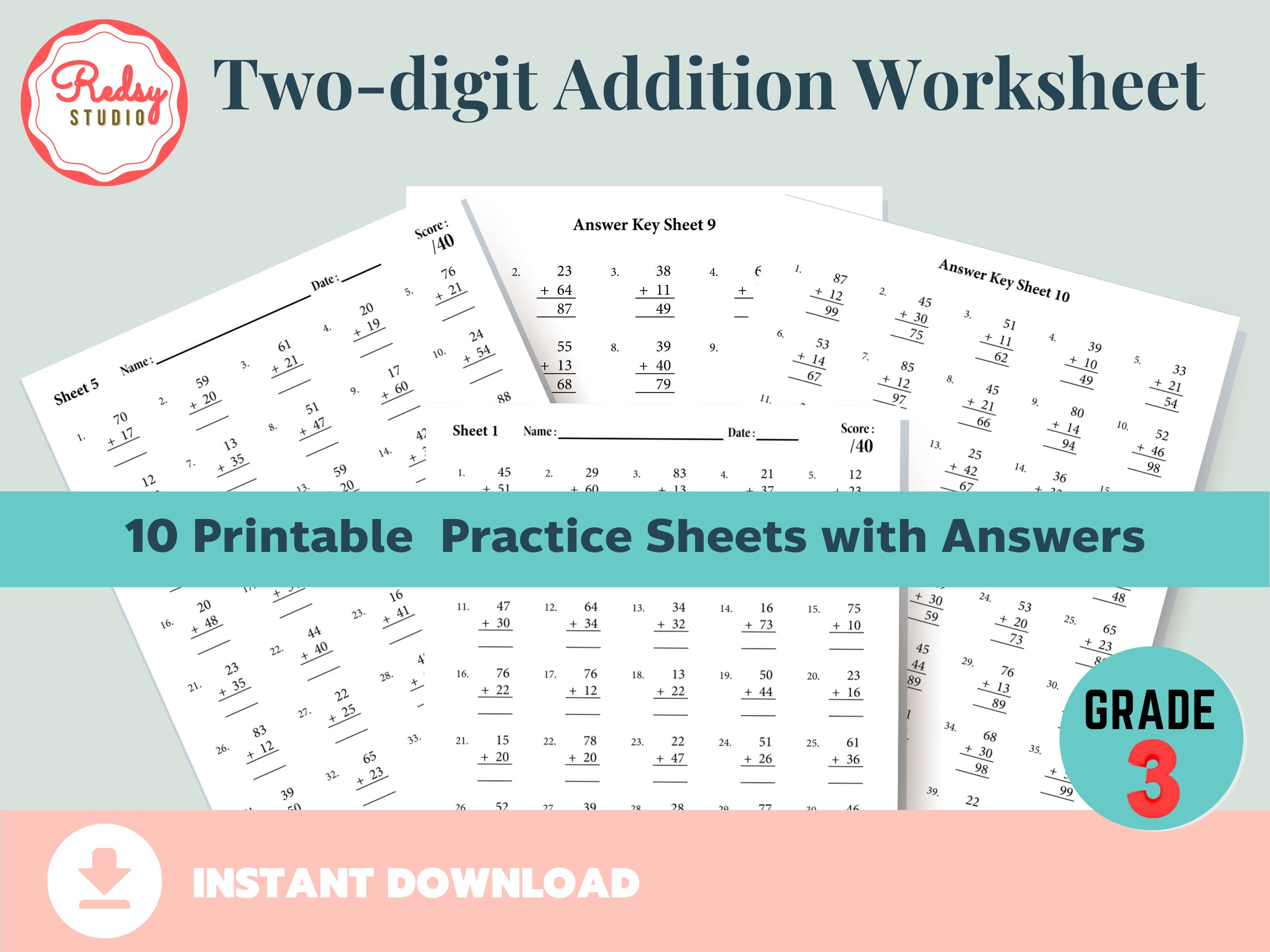 two digit addition worksheet 3rd grade 10 practice sheets etsy