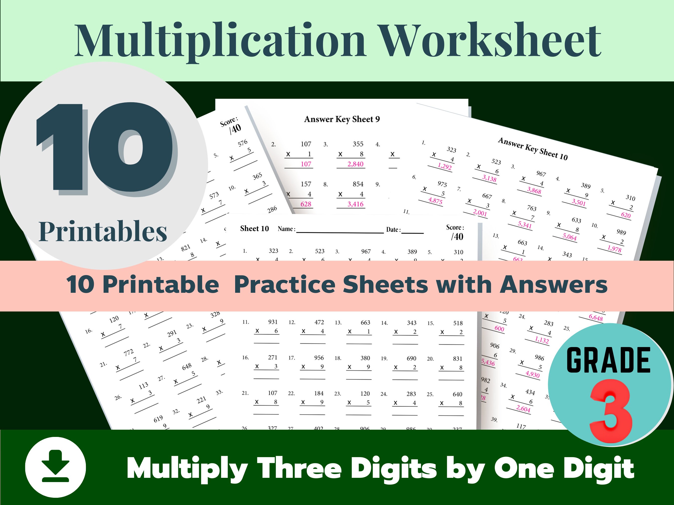 multiplication worksheet three digits by one digit 3rd grade etsy