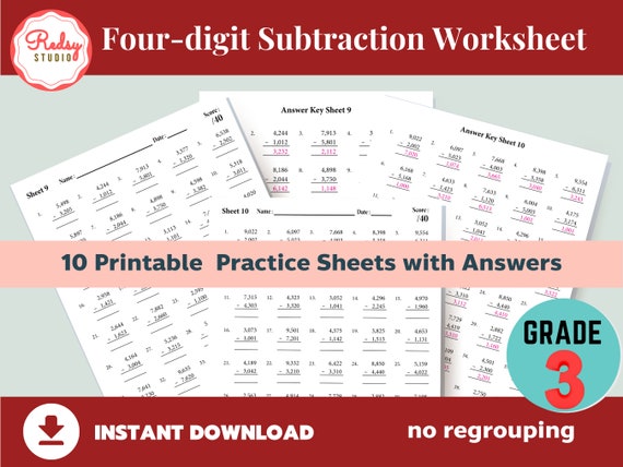 four digit subtraction worksheet 3rd grade 10 practice sheets etsy