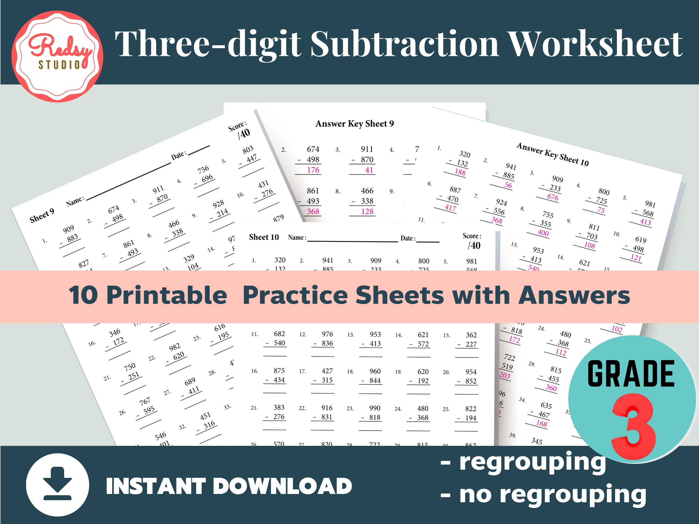 three digit subtraction worksheet 3rd grade 10 practice etsy ireland