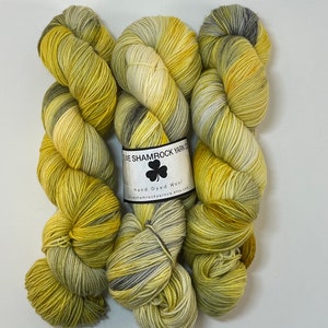 Yellow Aspen is a hand dyed superwash wool. It is 400 yards and is 80 percent merino and 20 percent nylon, perfect for socks.