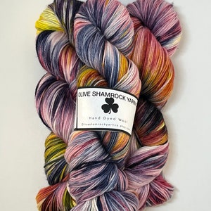 Bonfire is a hand dyed superwash wool. It is 400 yards and is 80 percent merino and 25 percent nylon, perfect for socks.