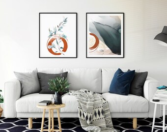 Set of 2 Abstract botanical art prints, Living room wall art, Abstract watercolor, Large Wall Art, Plant watercolor, Digital Download