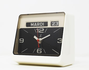 Orologio da tavolo Jaz Fomic Space Age 1974 bianco | Orologio vintage con calendario francese | Moderno di metà secolo | Collezione di orologi retrò