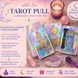 May include: A promotional graphic for a tarot card pull service featuring holographic tarot cards including The Star, The Moon, and The High Priestess. The image includes text, a lit candle, crystals, and a circular logo for Midnight Moonstones.