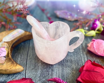 Rose Quartz HEART Tea Cup with Spoon, Healing Stones, Energy Healing, Meditation Stone, Love, Heart Chakra, Rose Quartz, Pink Crystal CuP
