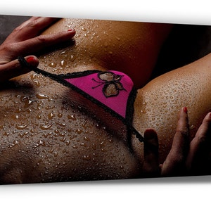 CANVAS PRINT. Еrotic drops of water on a woman&#39;s body in cyclamen lace panties with butterfly. Canvas Prints. Modern Wall Art. Home Decor.