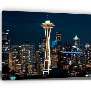 CANVAS PRINT. Seattle Skyline at Night. The Space Needle. Seattle, Washington, U.S. Seattle Photo Cityscape.
