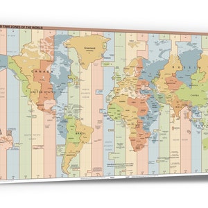 STAMPA SU TELA. Mappa del fuso orario. Mappa dei fusi orari mondiali. Fusi orari standard del mondo. Arte della parete di geografia.