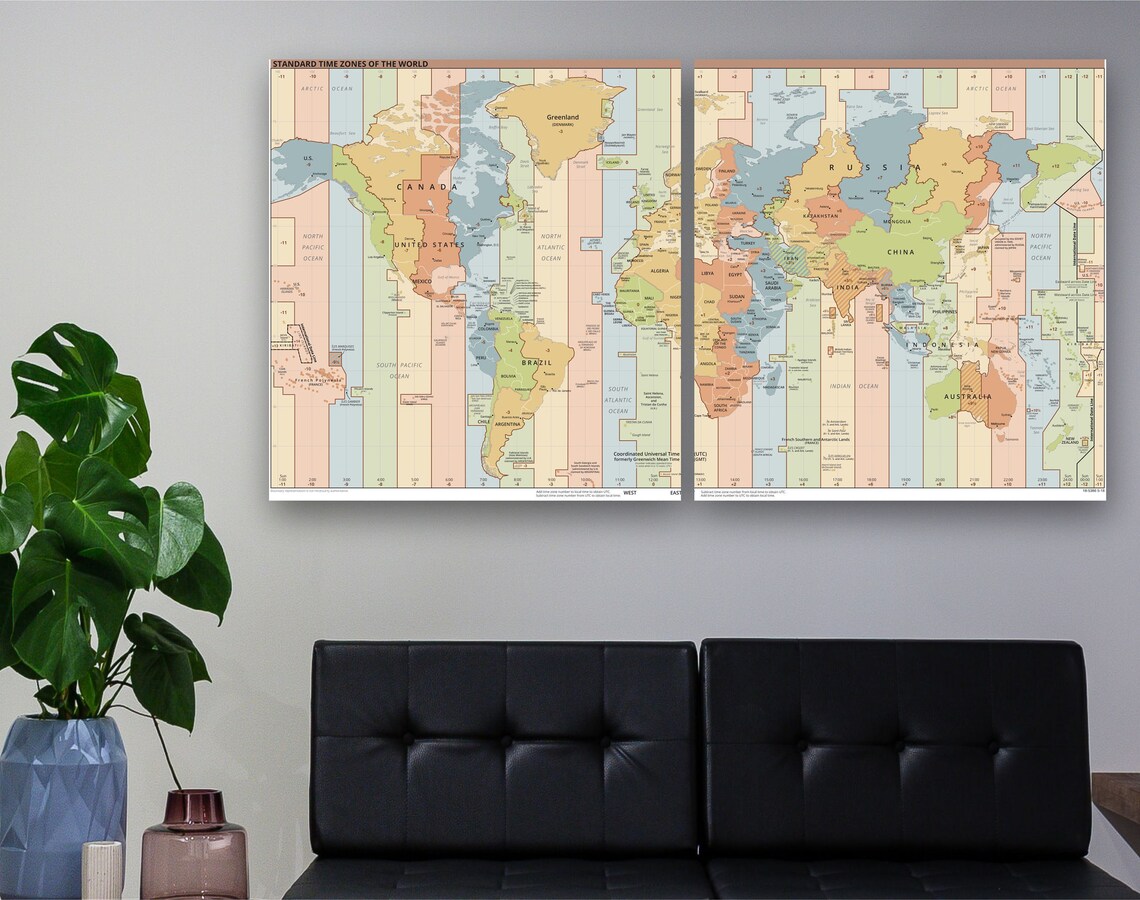 CANVAS PRINT. Time Zone Map. Map of the World Time Zones. Standard Time ...