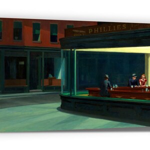 CANVAS PRINT. Nighthawks by Edward Hopper. Reproduction Canvas Prints. Classic American Art. People in a downtown diner late at night.