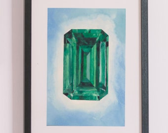 Emerald Gem Print, Emerald Gem Painting, Watercolor Print, Geometric Art, Emerald Art, Birthstone Art, Gem Art, Gemstone Art, Art Gift