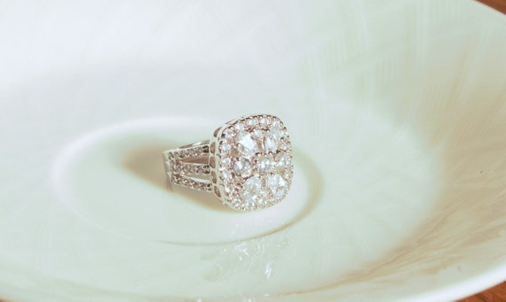 Square Shape Halo Ring Cubic Zirconia Band Rhodium on Sterling Silver Square Shape Halo Ring Cubic Zirconia Band Rhodium on Sterling Silver