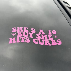 She&#39;s a 10 But She Hits Curbs Vinyl Sticker - Laptop, Car, Water Bottle Decal