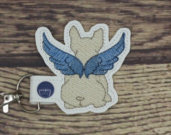 French Bulldog Dog Memorial Keychain, angel wings, memory, embroidered vinyl, rainbow bridge