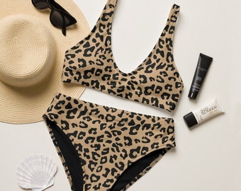 Bikini de leopardo - Conjunto de bikini reciclado de talle alto - Bikini con estampado de leopardo - Traje de baño bonito para mujer - Conjunto de bikini bonito - Conjunto de bikini de leopardo