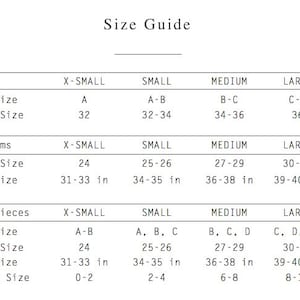 Puede incluir: Tabla de tallas para tops, pantalones y prendas de una pieza. La tabla muestra las tallas desde la XS hasta la L e incluye la talla de copa, la talla de busto, la talla de pantal&oacute;n, la talla de cadera y la talla de vestido.