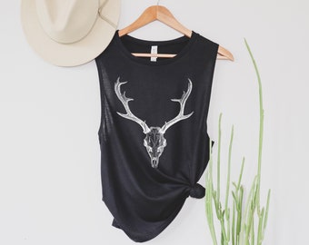 Skull & Antlers Muscle Tank - Women's Hiking Gym Shirt
