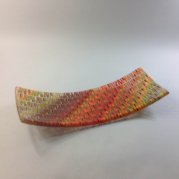 Fused Glass - Orange, Green, Deep Red Tapestry, 12 x 4, Platter/Tray