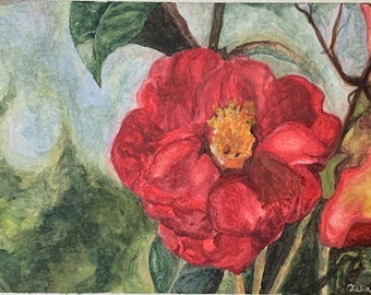 花のアートワーク、椿の絵、オリジナルの絵、ペンとインク、椿の花の