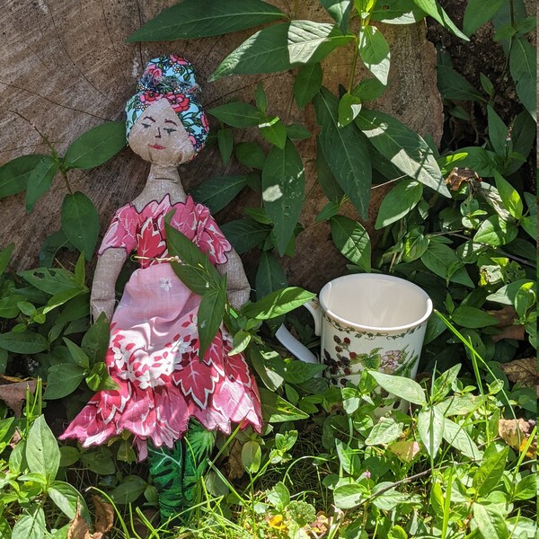 Rosemary - a handcrafted rag doll created from vintage handkerchiefs and other fabrics