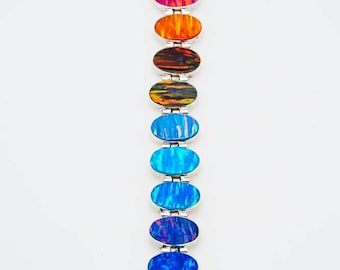 Multicolor Rainbow Rotate Fire Opal Bracelet Sterling Silver Opal Bracelet Oval Tennis Bracelet October Birthstone Gift Jewelry Gift For Her