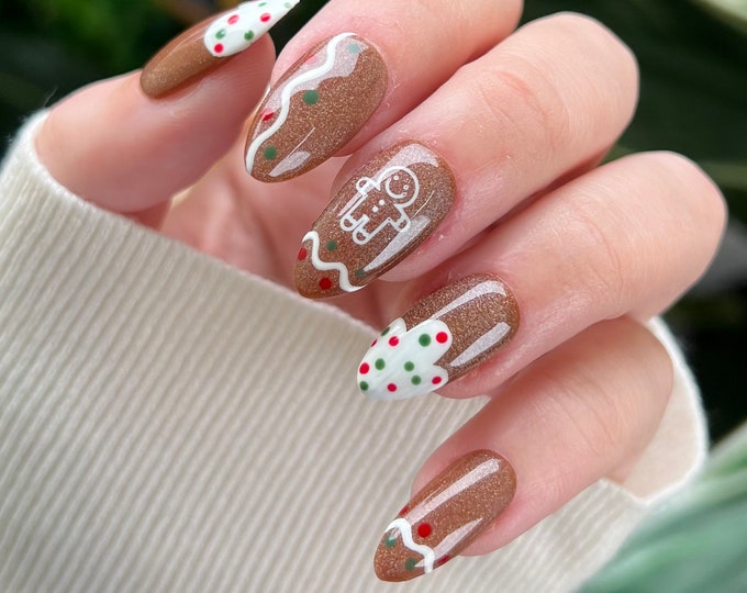 Holographic Gingerbread Press on Nails Christmas Nails Holiday Nails Gingerbread House Nails