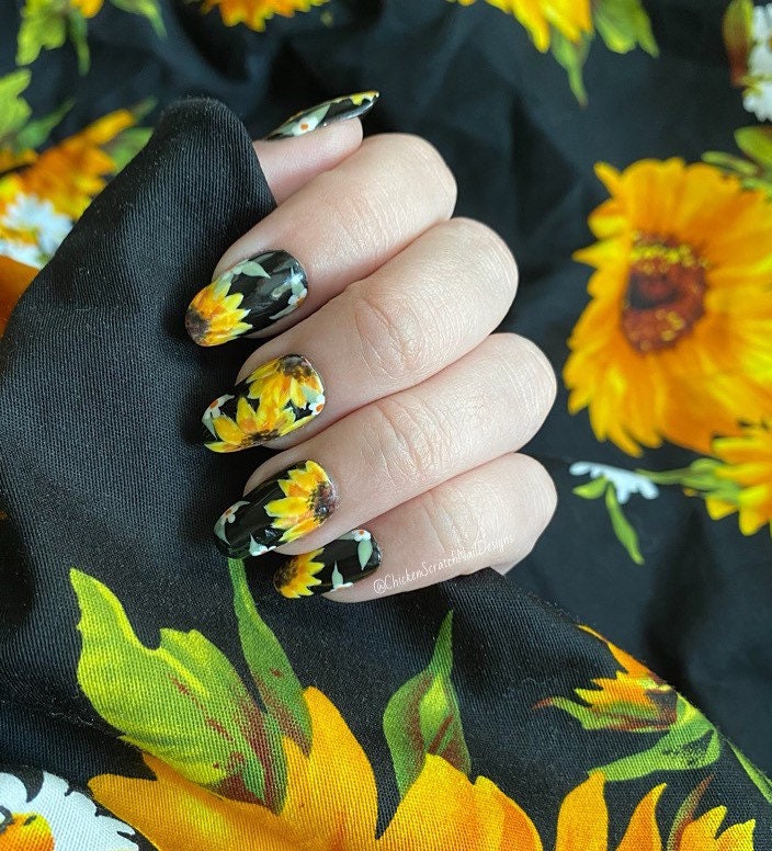 Sunflower Press on Nails choose Your Shape Made to Order - Etsy