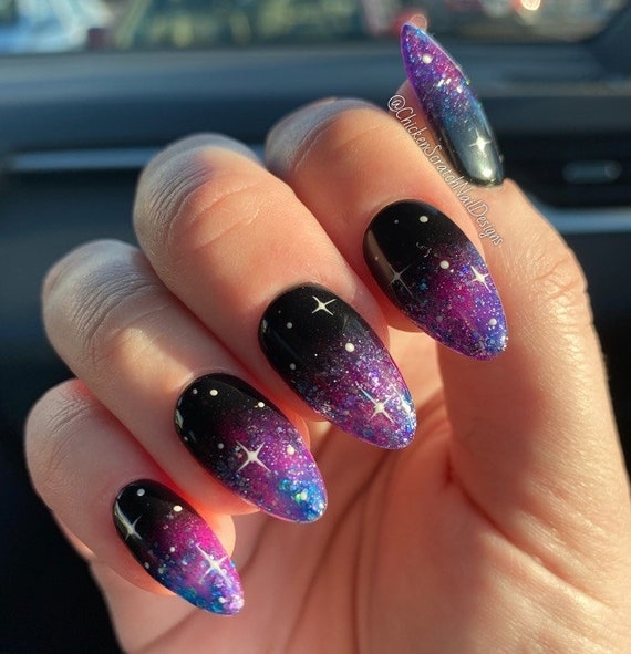 Purple Glitter Space Galaxy Press On Nails Fake Nails Glue On