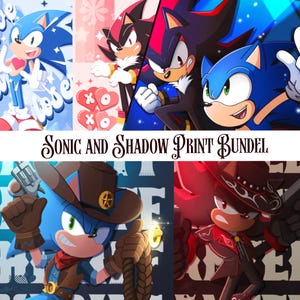May include: A digital art collection titled SONIC AND SHADOW PRINT BUNDEL featuring multiple illustrations of Sonic the Hedgehog and Shadow the Hedgehog in various outfits, including cowboy attire with hats, lassos, and revolvers, plus heart motifs.