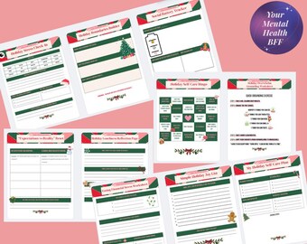 May include: A collection of printable holiday-themed mental health worksheets. The pages feature green and red accents with festive illustrations. Titles include "Holiday Stress Check In," "Holiday Boundaries Builder," and "Holiday Self Care Bingo." A circular logo reads "Your Mental Health BFF."