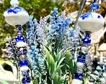 Blue floral, ceramic, fairy garden stake,beaded garden stake, sun catcher, garden art, yard art, garden decor,