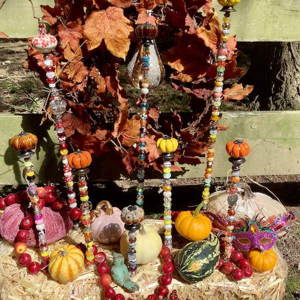 Pumpkin ceramic, Fall themed, Fairy Garden beaded stakes,Yard art, garden art, fall decor, garden gift, personalized colors, MOTHER’S DAY